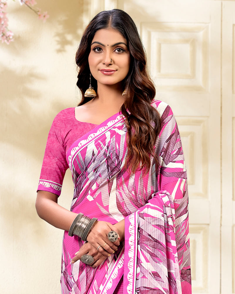 Vishal Prints Fushia Pink Printed Chiffon Saree With Fancy Border
