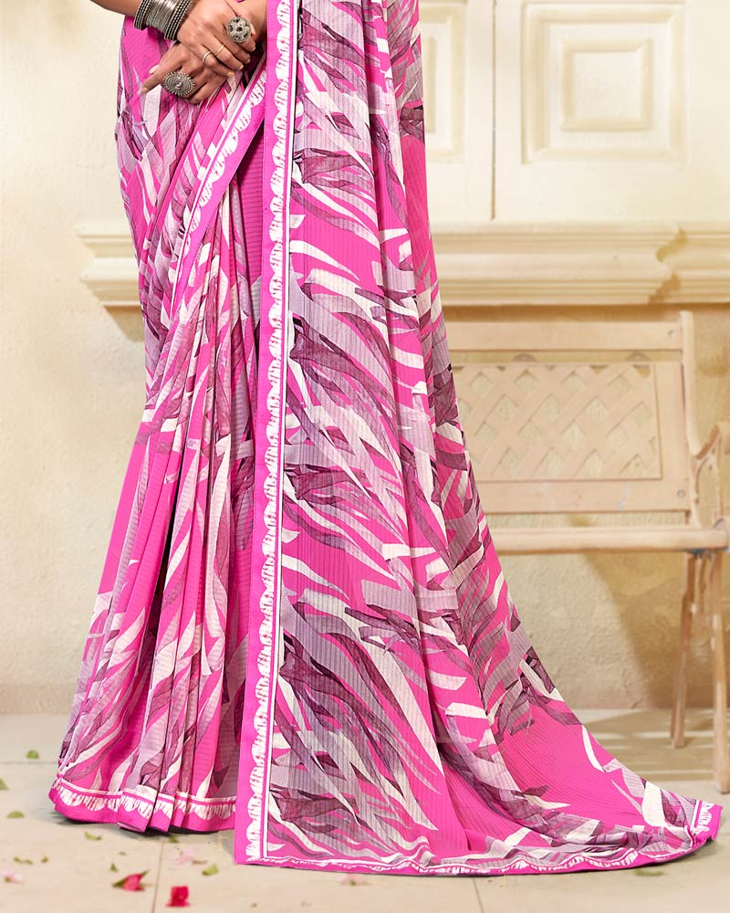 Vishal Prints Fushia Pink Printed Chiffon Saree With Fancy Border