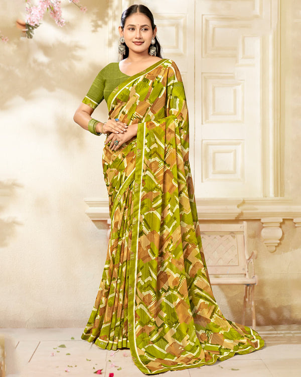 Vishal Prints Mehndi Green Printed Chiffon Saree With Fancy Border