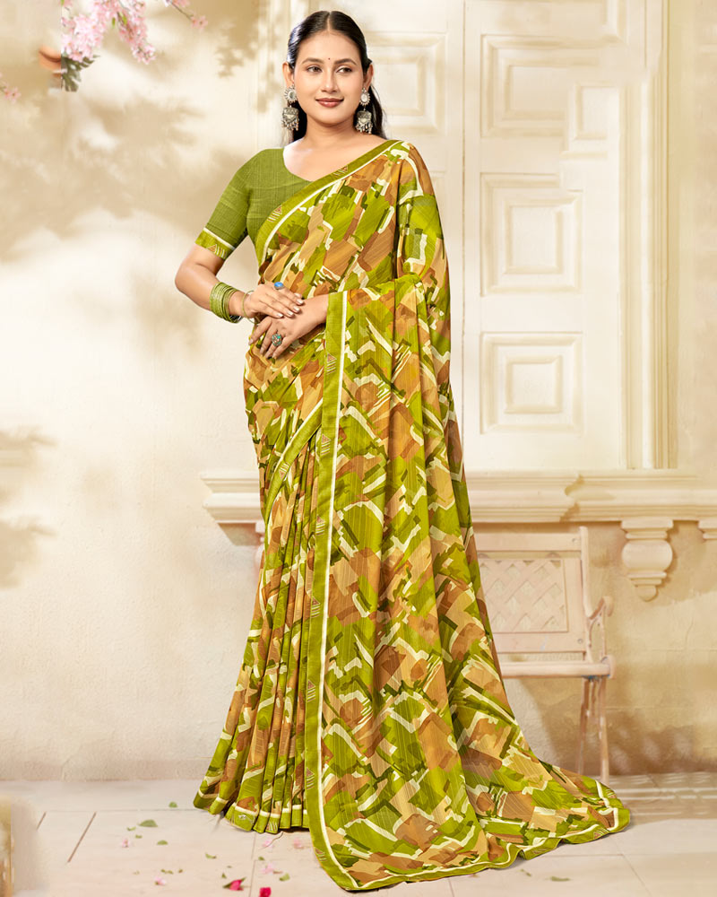 Vishal Prints Mehndi Green Printed Chiffon Saree With Fancy Border