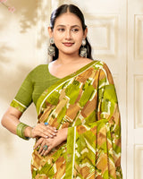 Vishal Prints Mehndi Green Printed Chiffon Saree With Fancy Border