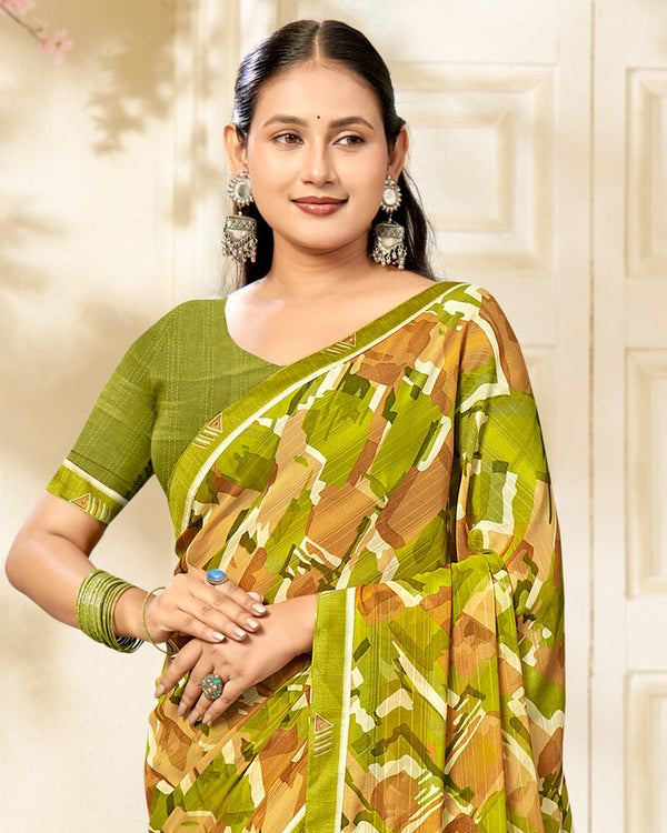 Vishal Prints Mehndi Green Printed Chiffon Saree With Fancy Border