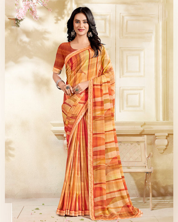 Vishal Prints Orange Printed Chiffon Saree With Fancy Border