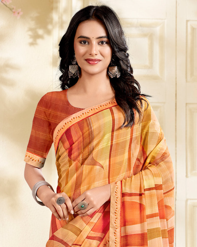 Vishal Prints Orange Printed Chiffon Saree With Fancy Border