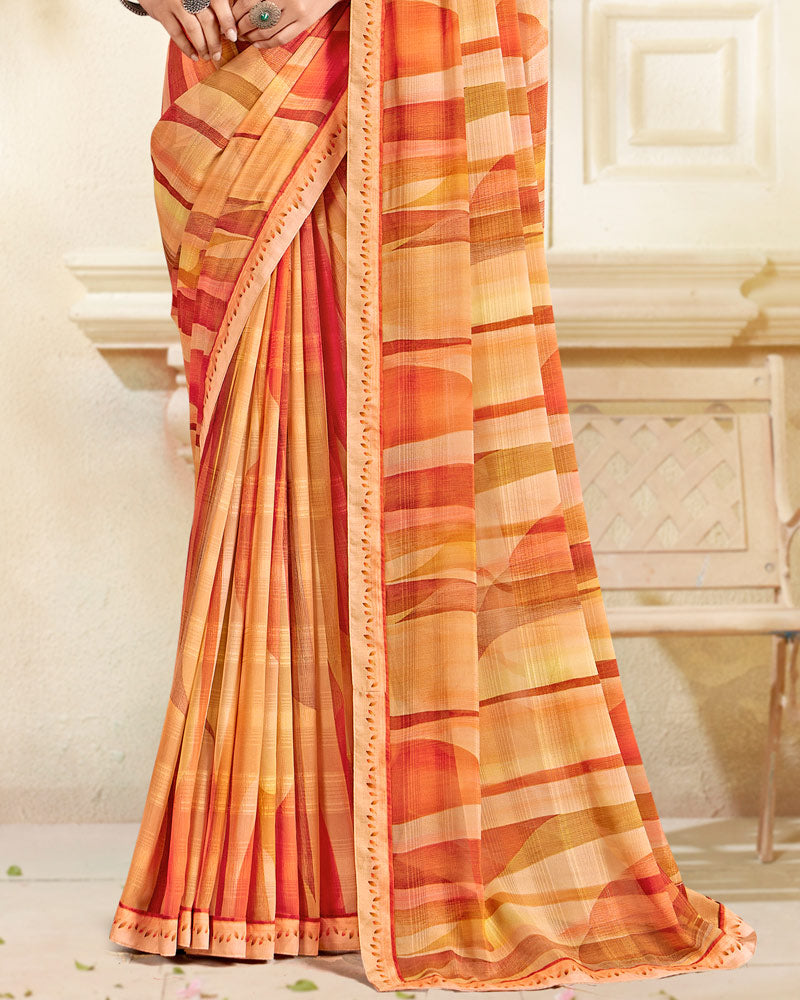 Vishal Prints Orange Printed Chiffon Saree With Fancy Border