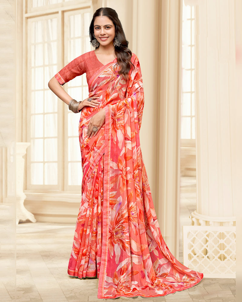 Vishal Prints Flamingo Pink Printed Chiffon Saree With Fancy Border