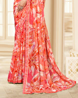 Vishal Prints Flamingo Pink Printed Chiffon Saree With Fancy Border