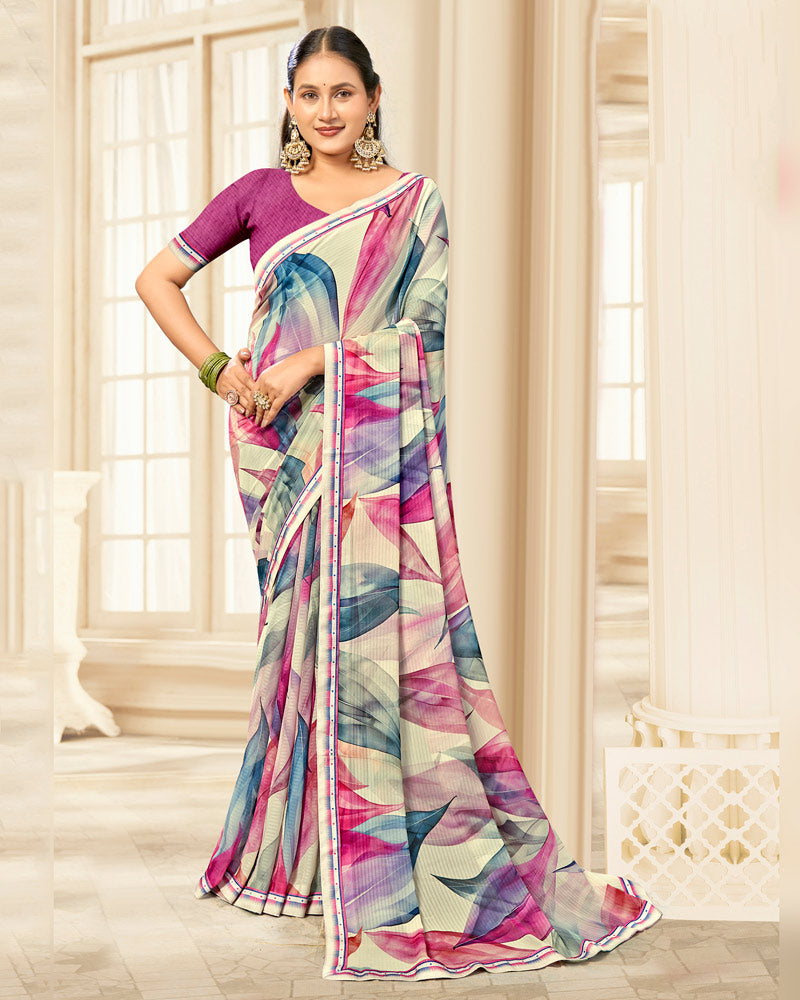 Vishal Prints Off-White Printed Chiffon Saree With Fancy Border