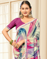 Vishal Prints Off-White Printed Chiffon Saree With Fancy Border