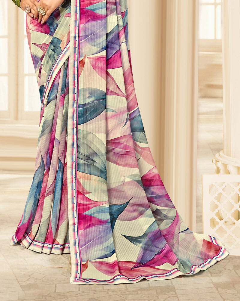 Vishal Prints Off-White Printed Chiffon Saree With Fancy Border