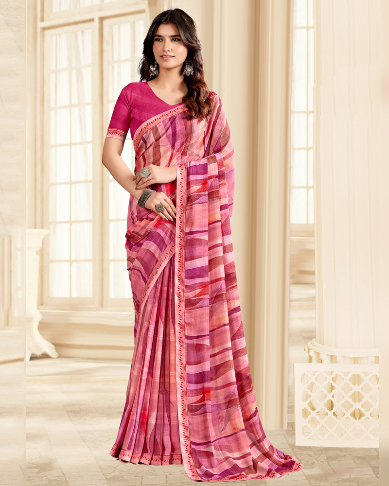 Vishal Prints Shaded Pink Printed Chiffon Saree With Fancy Border