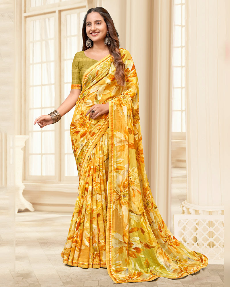 Vishal Prints Light Mustard Printed Chiffon Saree With Fancy Border