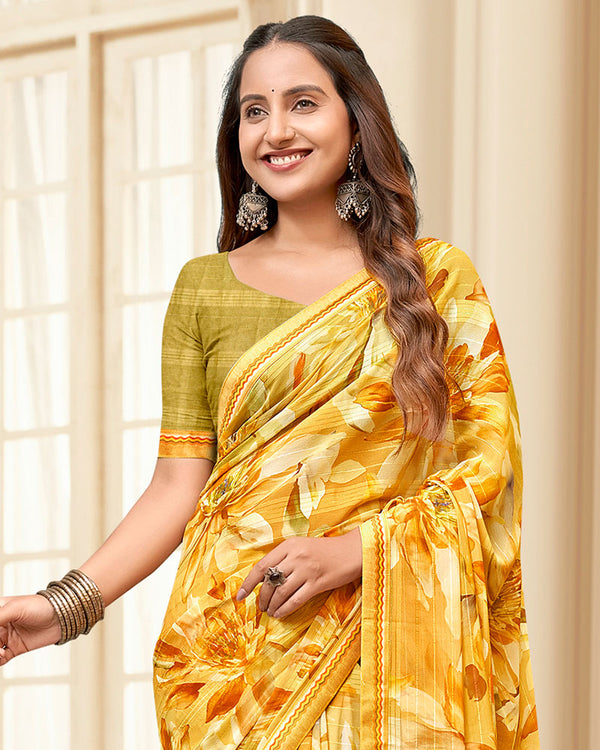 Vishal Prints Light Mustard Printed Chiffon Saree With Fancy Border