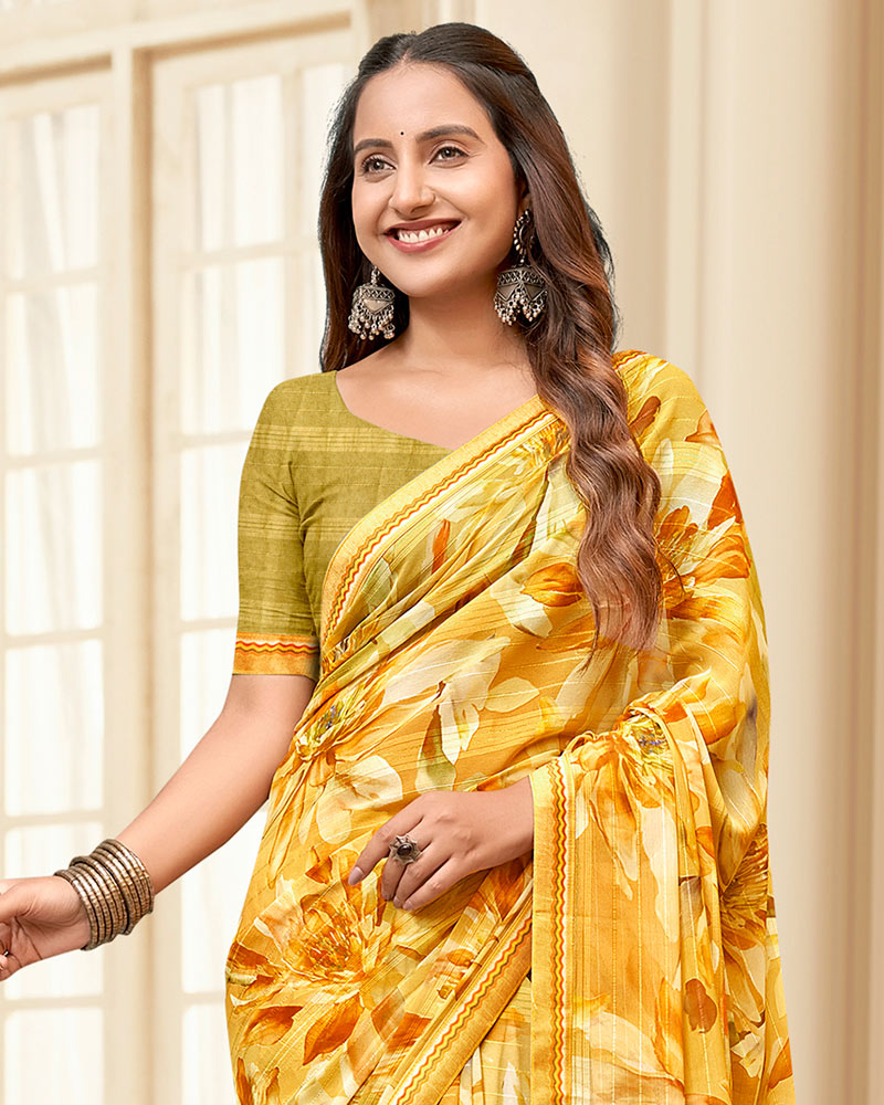 Vishal Prints Light Mustard Printed Chiffon Saree With Fancy Border