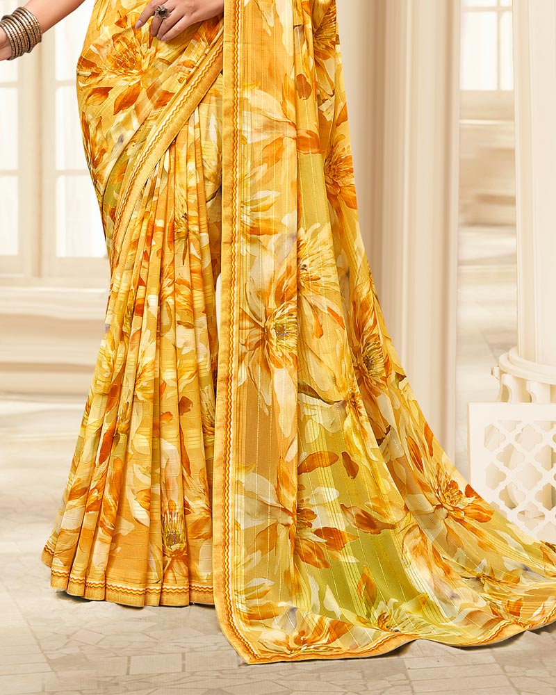 Vishal Prints Light Mustard Printed Chiffon Saree With Fancy Border