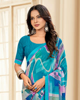 Vishal Prints Sky Blue Printed Chiffon Saree With Fancy Border