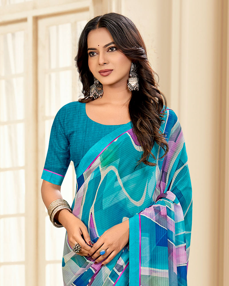 Vishal Prints Sky Blue Printed Chiffon Saree With Fancy Border
