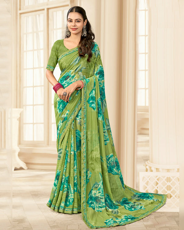 Vishal Prints Moss Green Printed Chiffon Saree With Fancy Border