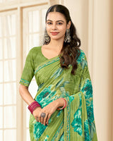 Vishal Prints Moss Green Printed Chiffon Saree With Fancy Border