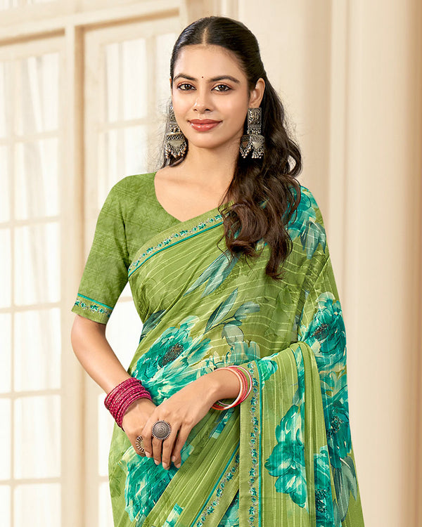 Vishal Prints Moss Green Printed Chiffon Saree With Fancy Border