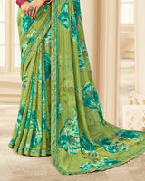 Vishal Prints Moss Green Printed Chiffon Saree With Fancy Border
