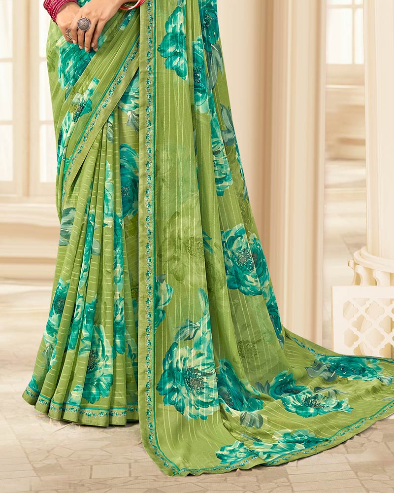 Vishal Prints Moss Green Printed Chiffon Saree With Fancy Border