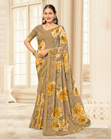 Vishal Prints Pale Brown Printed Chiffon Saree With Fancy Border