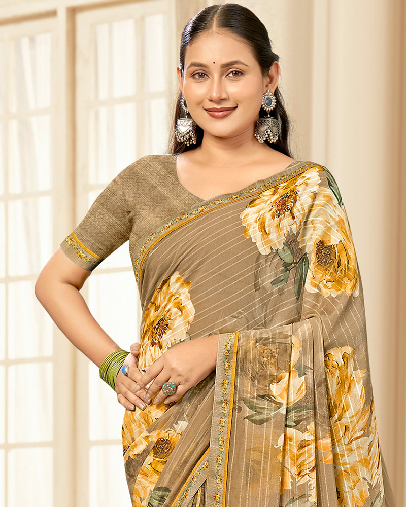 Vishal Prints Pale Brown Printed Chiffon Saree With Fancy Border