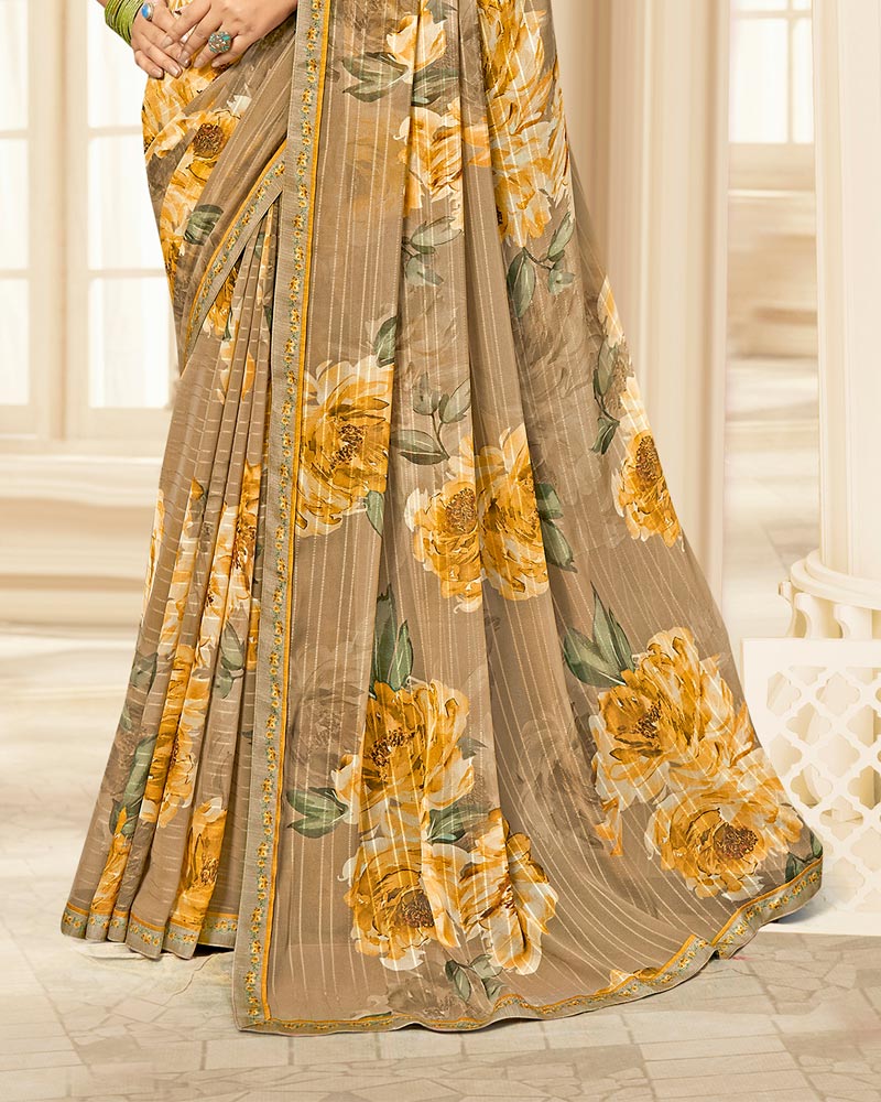 Vishal Prints Pale Brown Printed Chiffon Saree With Fancy Border