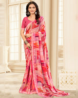 Vishal Prints Fushia Pink Printed Chiffon Saree With Fancy Border