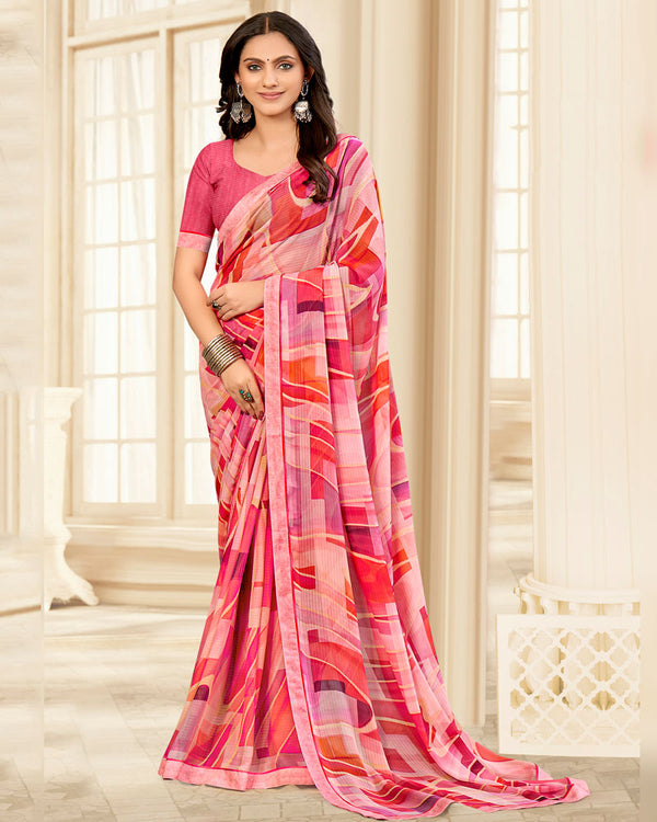 Vishal Prints Fushia Pink Printed Chiffon Saree With Fancy Border