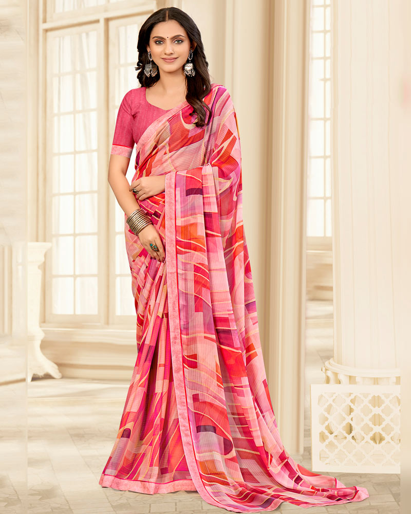 Vishal Prints Fushia Pink Printed Chiffon Saree With Fancy Border