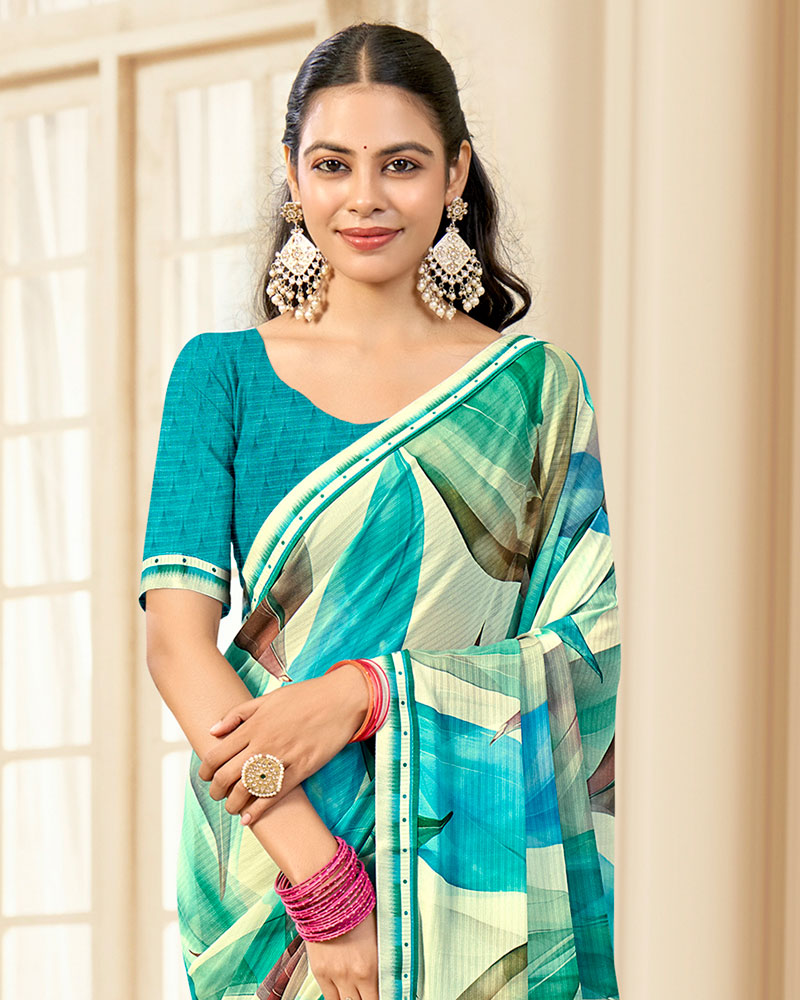 Vishal Prints Multi Green Printed Chiffon Saree With Fancy Border