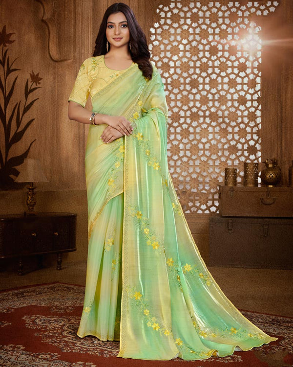 Vishal Prints Straw Yellow Designer Organza Saree With Embroidery Diamond Work And Core Piping