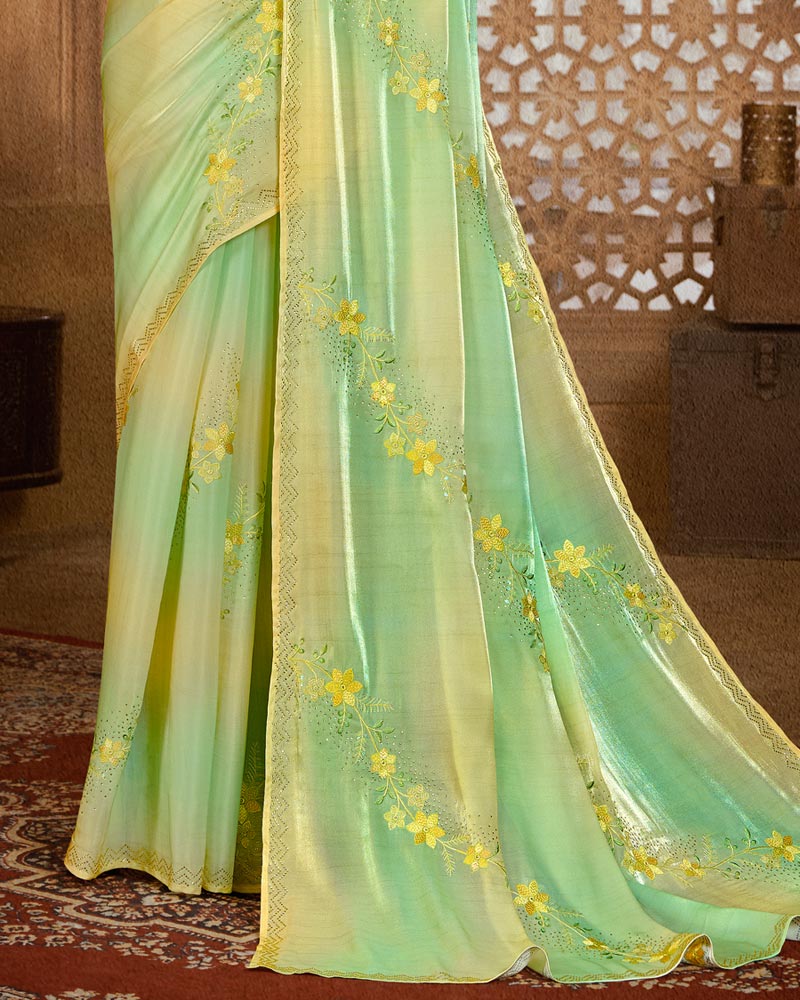 Vishal Prints Straw Yellow Designer Organza Saree With Embroidery Diamond Work And Core Piping
