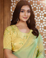 Vishal Prints Straw Yellow Designer Organza Saree With Embroidery Diamond Work And Core Piping