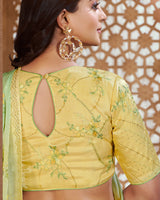 Vishal Prints Straw Yellow Designer Organza Saree With Embroidery Diamond Work And Core Piping
