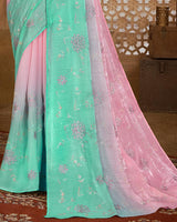 Vishal Prints Sea Green Designer Organza Saree With Embroidery Diamond Work And Core Piping