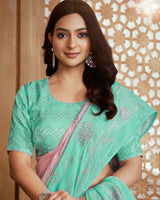 Vishal Prints Sea Green Designer Organza Saree With Embroidery Diamond Work And Core Piping