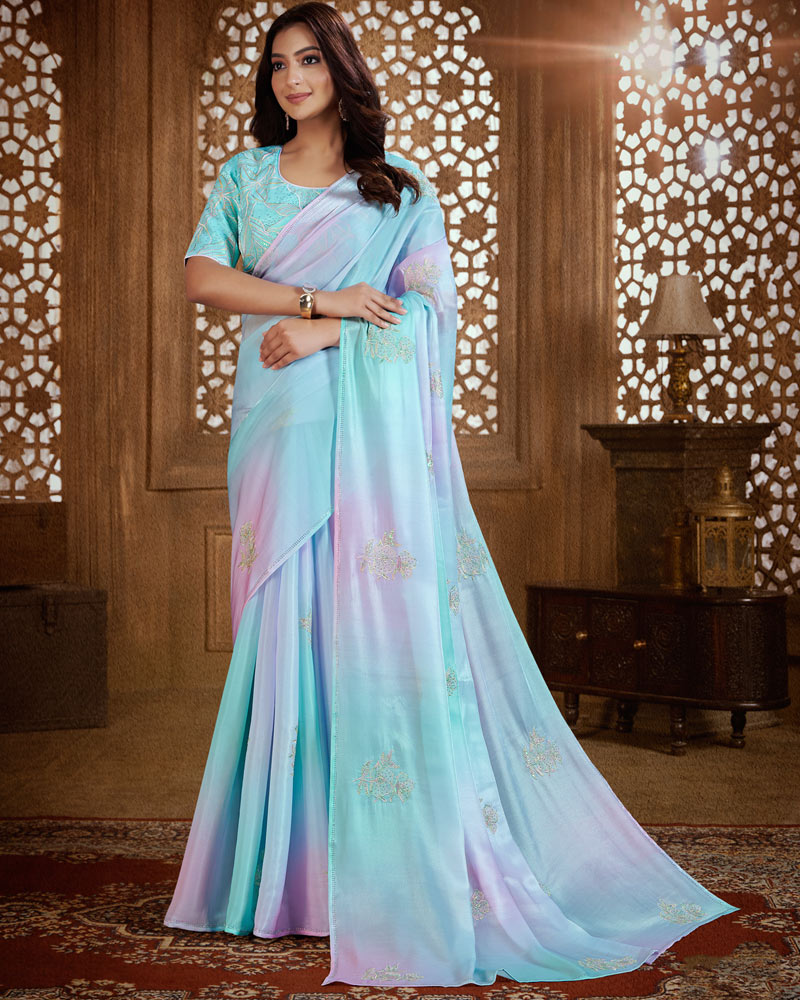 Vishal Prints Lavender Grey Designer Organza Saree With Embroidery Diamond Work And Core Piping