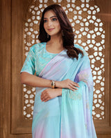 Vishal Prints Lavender Grey Designer Organza Saree With Embroidery Diamond Work And Core Piping