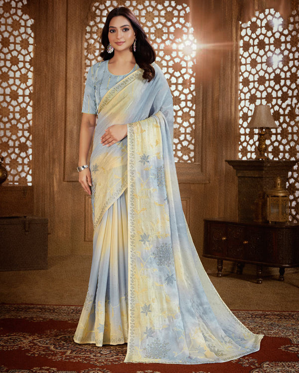 Vishal Prints Grey Chateau Designer Organza Saree With Embroidery Diamond Work And Core Piping