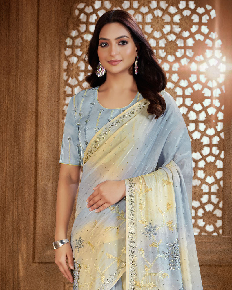 Vishal Prints Grey Chateau Designer Organza Saree With Embroidery Diamond Work And Core Piping