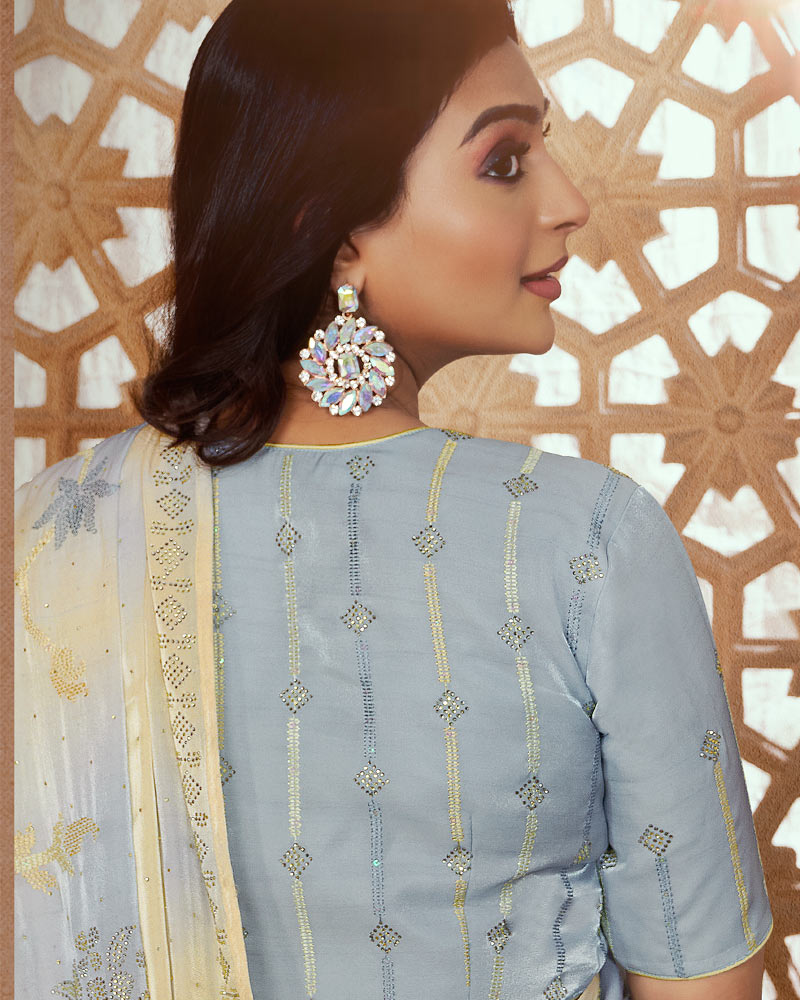 Vishal Prints Grey Chateau Designer Organza Saree With Embroidery Diamond Work And Core Piping
