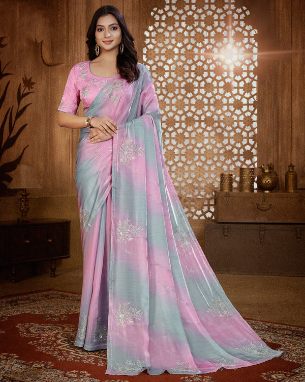 Vishal Prints Careys Pink Designer Organza Saree With Embroidery Diamond Work And Core Piping