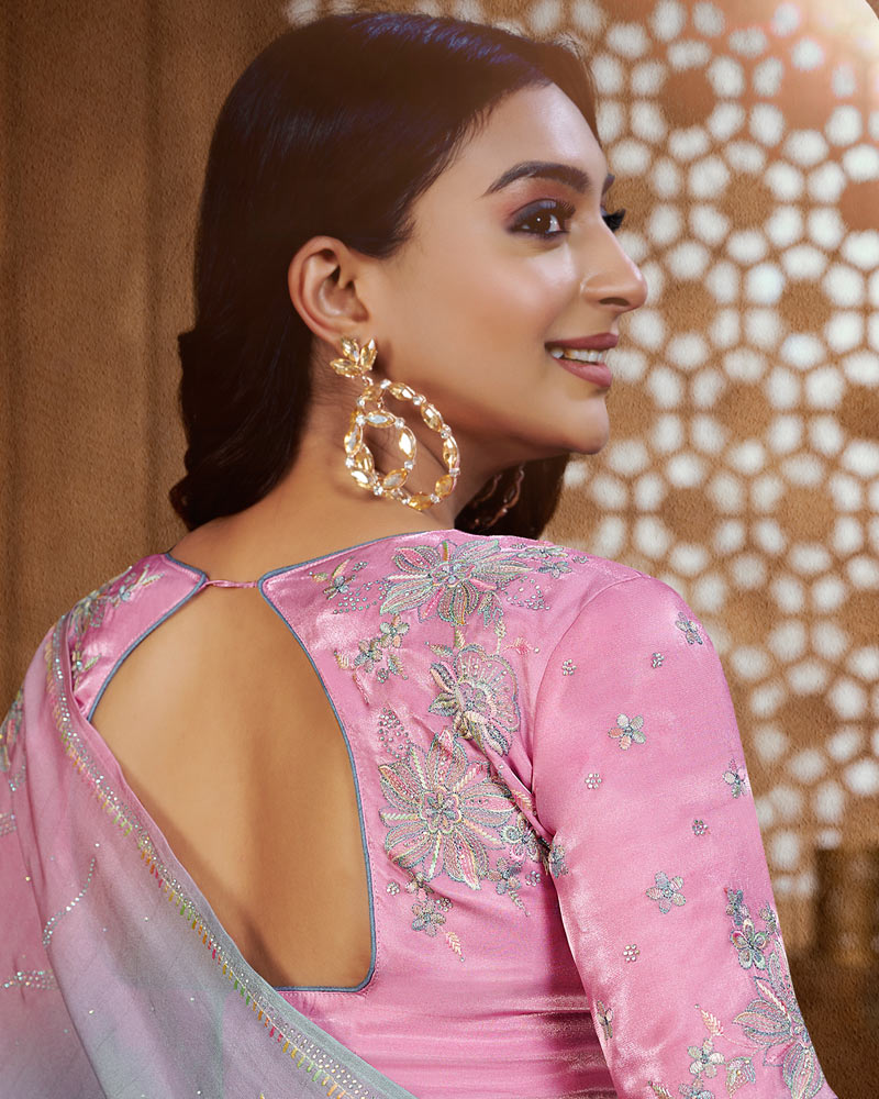 Vishal Prints Careys Pink Designer Organza Saree With Embroidery Diamond Work And Core Piping