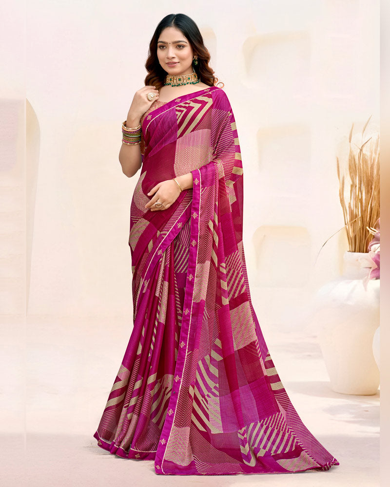 Vishal Prints Dark Fuchsia And Brick Red Printed Patterned Chiffon Saree With Fancy Border