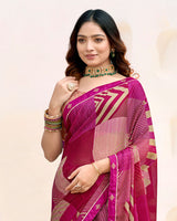 Vishal Prints Dark Fuchsia And Brick Red Printed Patterned Chiffon Saree With Fancy Border