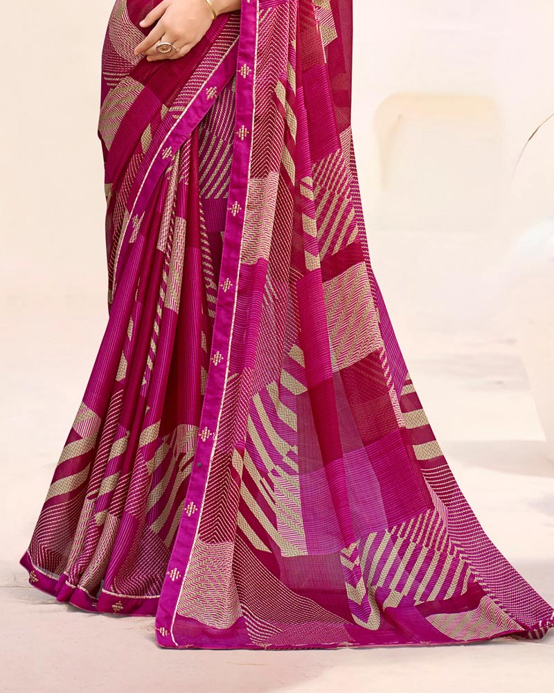 Vishal Prints Dark Fuchsia And Brick Red Printed Patterned Chiffon Saree With Fancy Border