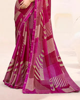 Vishal Prints Dark Fuchsia And Brick Red Printed Patterned Chiffon Saree With Fancy Border